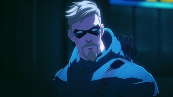 Movie still from “Batman and Superman: Battle of the Super Sons” (2022), directed by Matt Peters – An image of an animated character with a bow and arrow; Close Up shot, Over the shoulder angle