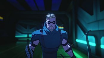 Movie still from “Batman and Superman: Battle of the Super Sons” (2022), directed by Matt Peters – A man with a beard is standing in a tunnel; Medium shot, Over the shoulder angle