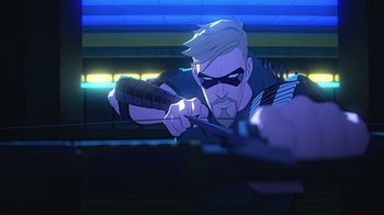 Movie still from “Batman and Superman: Battle of the Super Sons” (2022), directed by Matt Peters – A cartoon image of a man holding a gun; Medium shot, Over the shoulder angle