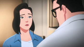 Movie still from “Batman and Superman: Battle of the Super Sons” (2022), directed by Matt Peters – An animated picture of a woman talking to a man; Close Up shot, Over the shoulder angle
