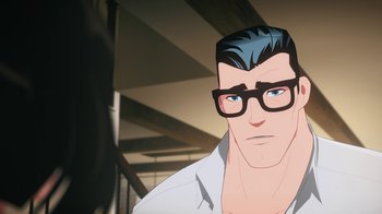 Movie still from “Batman and Superman: Battle of the Super Sons” (2022), directed by Matt Peters – A man wearing glasses and a white shirt; Close Up shot, Over the shoulder angle
