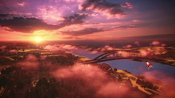 Movie still from “Batman and Superman: Battle of the Super Sons” (2022), directed by Matt Peters – An aerial view of a bridge over a body of water at sunset; Extreme Wide shot, High angle