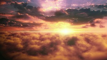 Movie still from “Batman and Superman: Battle of the Super Sons” (2022), directed by Matt Peters – The sun is setting in the sky above the clouds; Extreme Wide shot, High angle