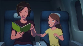 Movie still from “Batman and Superman: Battle of the Super Sons” (2022), directed by Matt Peters – A woman sitting next to a young girl on a plane; Medium shot, High angle