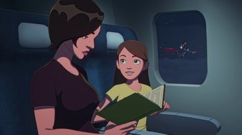 Movie still from “Batman and Superman: Battle of the Super Sons” (2022), directed by Matt Peters – A woman sitting next to a girl holding a book; Medium shot, High angle