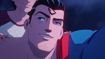 Movie still from “Batman and Superman: Battle of the Super Sons” (2022), directed by Matt Peters – A man's face in a cartoon style; Close Up shot, Low angle