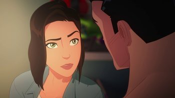 Movie still from “Batman and Superman: Battle of the Super Sons” (2022), directed by Matt Peters – An animated picture of a woman and a man; Close Up shot, Over the shoulder angle