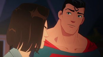 Movie still from “Batman and Superman: Battle of the Super Sons” (2022), directed by Matt Peters – A man and a woman are looking into each others eyes; Close Up shot, Over the shoulder angle