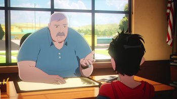 Movie still from “Batman and Superman: Battle of the Super Sons” (2022), directed by Matt Peters – An older man is sitting at a table with a young boy; Medium shot, Over the shoulder angle