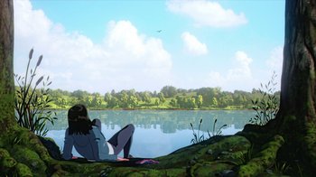 Movie still from “Batman and Superman: Battle of the Super Sons” (2022), directed by Matt Peters – A woman sitting on a rock next to a body of water; Extreme Wide shot, Low angle