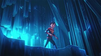 Movie still from “Batman and Superman: Battle of the Super Sons” (2022), directed by Matt Peters – A man standing on a cliff in front of a waterfall; Wide shot, Low angle