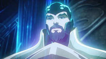 Movie still from “Batman and Superman: Battle of the Super Sons” (2022), directed by Matt Peters – An image of a man with a beard and a helmet on; Close Up shot, Over the shoulder angle