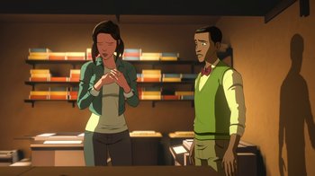 Movie still from “Batman and Superman: Battle of the Super Sons” (2022), directed by Matt Peters – A woman and a man standing next to each other in a room; Medium shot, Over the shoulder angle