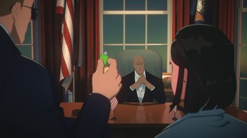 Movie still from “Batman and Superman: Battle of the Super Sons” (2022), directed by Matt Peters – An image of a man in a suit sitting at a desk; Medium shot, Over the shoulder angle
