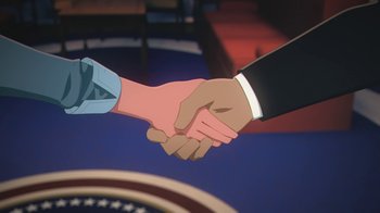 Movie still from “Batman and Superman: Battle of the Super Sons” (2022), directed by Matt Peters – Two people shaking hands in front of a white house; Extreme Close Up shot, Overhead angle
