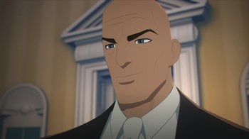 Movie still from “Batman and Superman: Battle of the Super Sons” (2022), directed by Matt Peters – A man with bald head wearing a suit and tie; Close Up shot, Over the shoulder angle