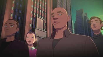 Movie still from “Batman and Superman: Battle of the Super Sons” (2022), directed by Matt Peters – A man and a woman standing in front of a tall building; Medium shot, Low angle