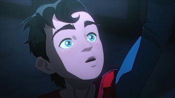 Movie still from “Batman and Superman: Battle of the Super Sons” (2022), directed by Matt Peters – A boy with blue eyes is looking up at the sky; Close Up shot, Overhead angle