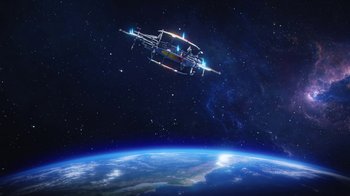 Movie still from “Batman and Superman: Battle of the Super Sons” (2022), directed by Matt Peters – An image of a spaceship flying over the earth; Extreme Wide shot, Overhead angle