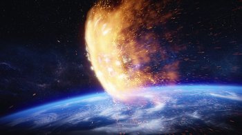 Movie still from “Batman and Superman: Battle of the Super Sons” (2022), directed by Matt Peters – An asteroid colliding with the surface of the earth; Extreme Wide shot, Overhead angle
