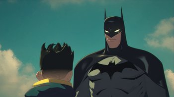 Movie still from “Batman and Superman: Battle of the Super Sons” (2022), directed by Matt Peters – A cartoon of a batman talking to another batman; Medium shot, Over the shoulder angle