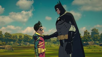 Movie still from “Batman and Superman: Battle of the Super Sons” (2022), directed by Matt Peters – A young boy and an older batman standing next to each other; Medium shot, Over the shoulder angle