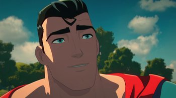 Movie still from “Batman and Superman: Battle of the Super Sons” (2022), directed by Matt Peters – A man's face in a cartoon style; Close Up shot, Low angle