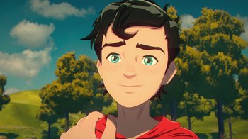 Movie still from “Batman and Superman: Battle of the Super Sons” (2022), directed by Matt Peters – A boy with green eyes is looking into the camera; Close Up shot, High angle