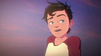 Movie still from “Batman and Superman: Battle of the Super Sons” (2022), directed by Matt Peters – An animated boy is looking at the sky; Close Up shot, Overhead angle