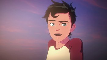Movie still from “Batman and Superman: Battle of the Super Sons” (2022), directed by Matt Peters – An animated boy is looking at the sky; Close Up shot, High angle
