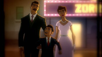 Movie still from “Batman: Death in the Family” (2020), directed by Brandon Vietti – An animated picture of a man , a woman , and a child; Wide shot, Over the shoulder angle