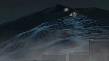 Movie still from “Batman: Death in the Family” (2020), directed by Brandon Vietti – A snowy hill with a building on the top of it at night; Extreme Wide shot, High angle