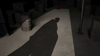 Movie still from “Batman: Death in the Family” (2020), directed by Brandon Vietti – A shadow of a person on the ground in a dark room; Extreme Wide shot, High angle