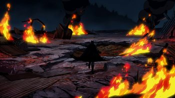 Movie still from “Batman: Death in the Family” (2020), directed by Brandon Vietti – An image of an animated scene with fire and lava; Extreme Wide shot, High angle