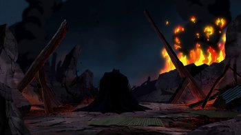 Movie still from “Batman: Death in the Family” (2020), directed by Brandon Vietti – A bat sitting in the middle of a field; Extreme Wide shot, Low angle