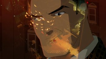 Movie still from “Batman: Death in the Family” (2020), directed by Brandon Vietti – An illustration of a man's face with fire coming out of his eyes; Extreme Close Up shot, High angle
