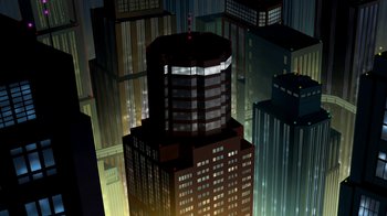 Movie still from “Batman: Death in the Family” (2020), directed by Brandon Vietti – An aerial view of a large city at night time; Extreme Wide shot, Low angle