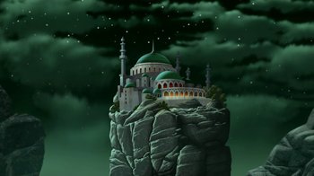 Movie still from “Batman: Death in the Family” (2020), directed by Brandon Vietti – An illustration of a castle on top of a mountain; Extreme Wide shot, Low angle
