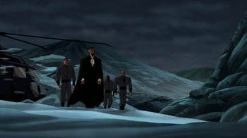Movie still from “Batman: Death in the Family” (2020), directed by Brandon Vietti – A group of men walking across a snow covered ground; Extreme Wide shot, Low angle