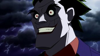 Movie still from “Batman: Death in the Family” (2020), directed by Brandon Vietti – The joker from batman : the brave and the bold; Close Up shot, Low angle