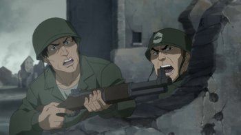 Movie still from “Batman: Death in the Family” (2020), directed by Brandon Vietti – Two men in military fatigues are holding guns; Medium shot, Over the shoulder angle