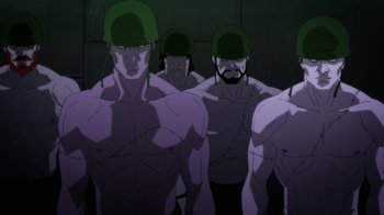 Movie still from “Batman: Death in the Family” (2020), directed by Brandon Vietti – A group of muscular men wearing green hats; Medium shot, Low angle