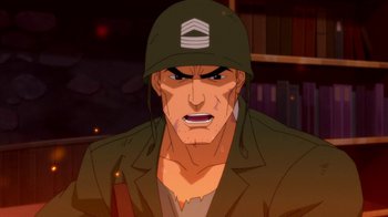 Movie still from “Batman: Death in the Family” (2020), directed by Brandon Vietti – An image of an animated character in a military uniform; Close Up shot, Over the shoulder angle