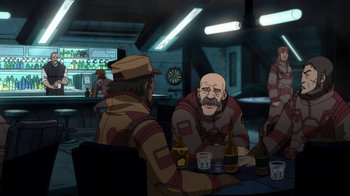 Movie still from “Batman: Death in the Family” (2020), directed by Brandon Vietti – A group of men sitting at a table with drinks; Medium shot, Over the shoulder angle