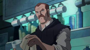 Movie still from “Batman: Death in the Family” (2020), directed by Brandon Vietti – An animated picture of a man with a goatee; Medium shot, Over the shoulder angle