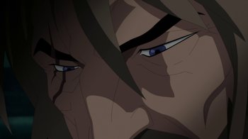 Movie still from “Batman: Death in the Family” (2020), directed by Brandon Vietti – An image of an animated character with blue eyes; Extreme Close Up shot, High angle