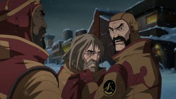 Movie still from “Batman: Death in the Family” (2020), directed by Brandon Vietti – A group of men standing next to each other in the snow; Close Up shot, Over the shoulder angle