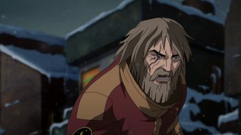 Movie still from “Batman: Death in the Family” (2020), directed by Brandon Vietti – An old man with long hair and a beard; Medium shot, Low angle