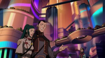 Movie still from “Batman: Death in the Family” (2020), directed by Brandon Vietti – A man and a woman standing next to each other in front of a building; Medium shot, Over the shoulder angle