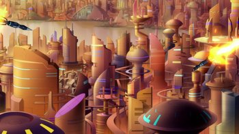 Movie still from “Batman: Death in the Family” (2020), directed by Brandon Vietti – An abstract painting of a city with a lot of buildings; Extreme Wide shot, High angle